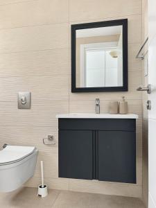 a bathroom with a sink and a mirror at LUKA Duplex SeaView and Terrace in Aglantzia