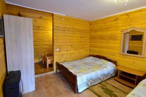 a bedroom with a bed in a room with wooden walls at Елізабет 1 in Svityazʼ