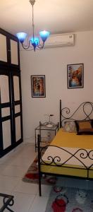 a bedroom with a bed and a chandelier at Appartement terrasse climatisée in Tunis +46 photos