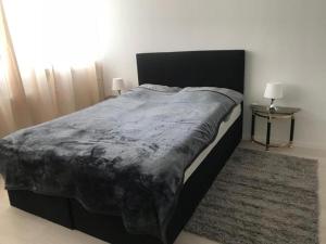 a large bed in a bedroom with two lamps and a rug at Messewohnung-Monteurwohnung Dormagen in Dormagen