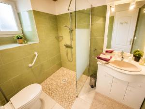 a bathroom with a shower and a toilet and a sink at Chambres de l'Igues in Montfaucon