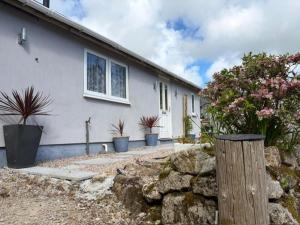 a white house with potted plants in front of it at Pendragon Studio in Penzance