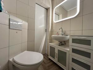 a bathroom with a toilet and a sink at Gemütlicher Bungalow in Pepelow nahe dem Meer in Pepelow +32 photos