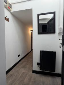 a hallway with a mirror and a radiator on a wall at Glowstay 2 in Lampeter
