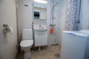 a white bathroom with a toilet and a sink at Opera Magic Castle View, Air-Con, Free wifi in Savonlinna +27 photos