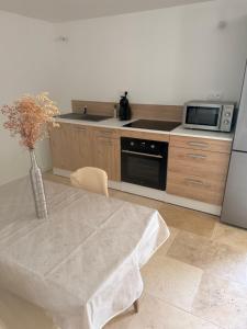 a kitchen with a table and a microwave at Studio avec terrasse et parking privé in Château-Arnoux-Saint-Auban
