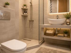 a bathroom with a shower and a toilet and a sink at Vazi Aparthotel in Tbilisi City +55 photos