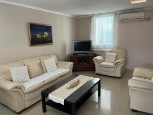 a living room with two couches and a tv at Apartments Skadarlija in Belgrade