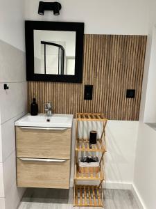 a bathroom with a sink and a mirror at AT Apartament in Pasłęk