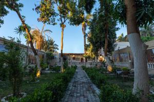 a walkway in front of a building with palm trees at El Agamy Hotel Apartment in Luxor