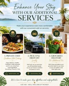 a flyer for a vacation rental agency with a menu at Jungle Serenity Haven in Cocles
