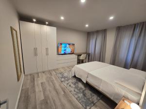 a bedroom with a bed and a flat screen tv at Travel Baiot'S in Villanova di Farra +16 photos