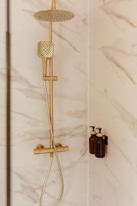 a shower with a gold shower shelf in a bathroom at Castros Homes in Santander +78 photos