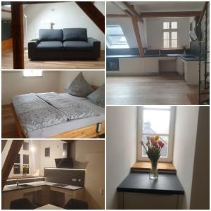 a collage of four pictures of a room with a couch at Ferienwohnung Vital am Bach "Dhron" in Neumagen-Dhron