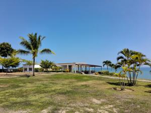 a building on the beach with palm trees at Hotel Punta Blanca - Jama - Manabí in Jama