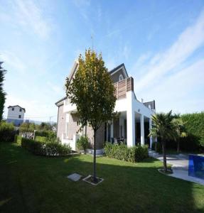 a white house with a tree in the yard at Villa Krasta in Elbasan