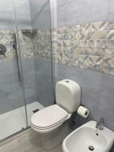 a bathroom with a toilet and a shower and a sink at Gemma's Apartments in Mazzeo