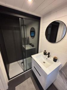 a bathroom with a sink and a shower at Tinyhouse Na Zemi in Žďár nad Sázavou