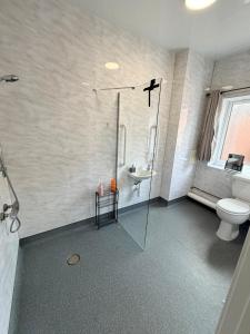 a bathroom with a shower and a toilet and a sink at Accessible Town Centre 1 bed Flat Kettering Wi-FI in Kettering