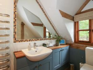 a bathroom with a sink and a mirror at Pultheley Cottage in Montgomery +40 photos