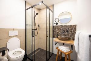 a bathroom with a shower and a toilet at Herberg In de Valk in Middelstum