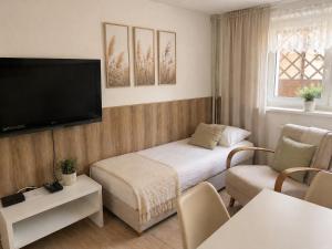 a room with two beds and a flat screen tv at A+R Pension in Pilsen