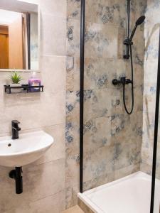 a bathroom with a shower and a sink at A+R Pension in Pilsen +31 photos