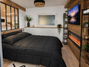 a bedroom with a large bed and a window at Maisonnette Cosy in La Llagonne