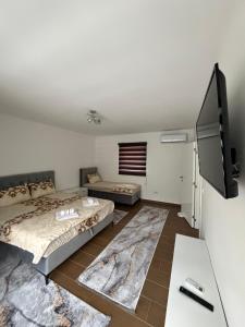 a bedroom with a bed and a flat screen tv at Forest View Villa in Ilijaš