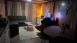a living room with a couch and a table at Chalet Lieke Nr386 in Eext