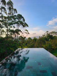 a swimming pool with trees in the background at Saung Komando Ciwidey in Winducina