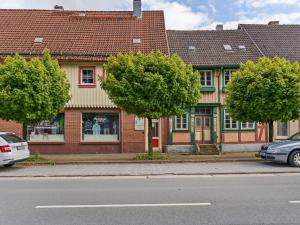a row of houses with trees in front of a street at Modern apartments harz I in Elbingerode
