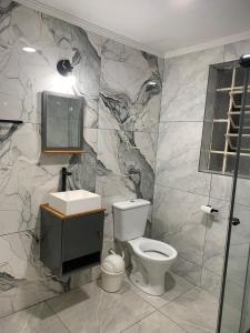 a bathroom with a toilet and a sink at Casa com 1 quarto e 6 camas in Campinas