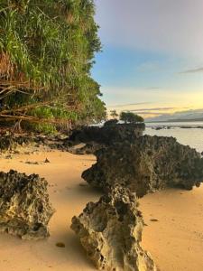 a beach with rocks on the sand and the ocean at Helt Vanua Lodge in Saraotou