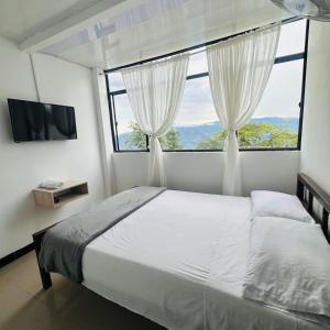 a bedroom with a bed and a large window at Hotel Casa Palma in La Mesa