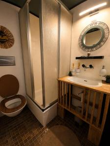 a bathroom with a toilet and a sink and a shower at Hôtel de la Couronne in Les Bois +30 photos
