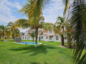 a palm tree in front of a house with a swimming pool at Alojamiento La Vista in Barrio Nuevo