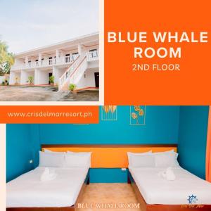 two pictures of a bed with a blue whale room and floor at Cris Del Mar Resort in Bolinao