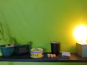 a shelf with a lamp and a green wall at Domo Yala in Yala