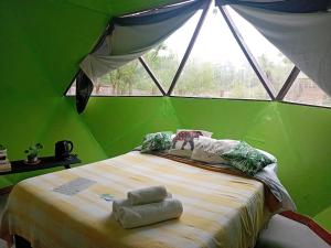 a bed in a green room with a window at Domo Yala in Yala