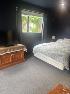 a bedroom with a bed and a tv and a window at Private and comfortable guesthouse in Christchurch