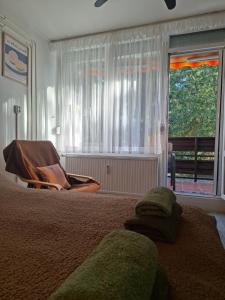 a bedroom with a bed and a large window at Üdülő in Gárdony +11 photos
