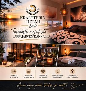 a collage of pictures of a room with a bed and wine glasses at Kraatterin Helmi Suite Resort Premium-Luxus 1107 in Lappajärvi +97 photos