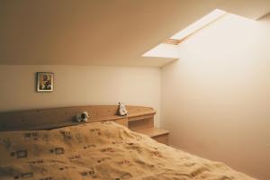 um quarto com uma cama com um tecto inclinado e uma clarabóia em Casa Renti em Novaci-Străini