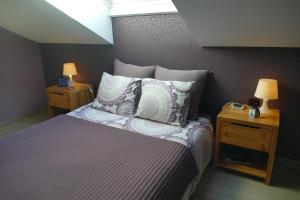 sypialnia z łóżkiem z poduszkami i 2 lampami w obiekcie Aux Cosmos w mieście Olne