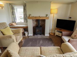 a living room with a fireplace with couches and a television at Shepherd's Cottage in Alford