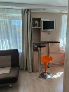 a living room with a couch and a table and a television at Family Apartament in Narva-Jõesuu