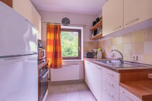 a small kitchen with a sink and a window at House Fortin With Sauna Near Bloke Lake - Happy Rentals in Velike Bloke