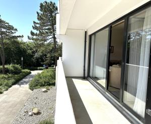 a modern house with glass doors and a walkway at Germania-36 in Böhl