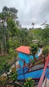 Ein blaues Haus mit rotem Dach neben einem Pool in der Unterkunft Bambooleaf pool dormitory in Meppādi